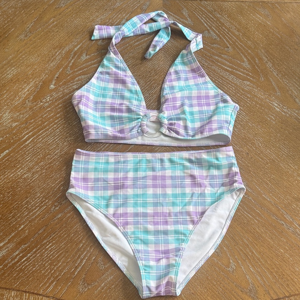 Pastel Plaid Halter Bikini Set - Lavender & Mint